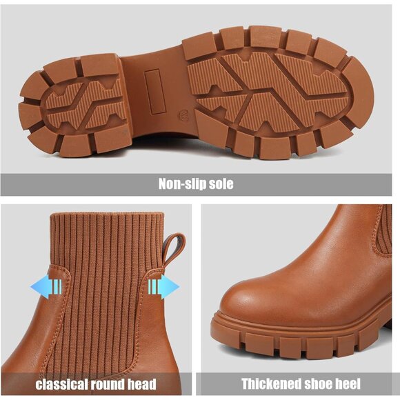 BKWHDAY Women's Brown Chelsea Platform Ankle Boots Fashion Chunky Heel - Picture 3 of 7